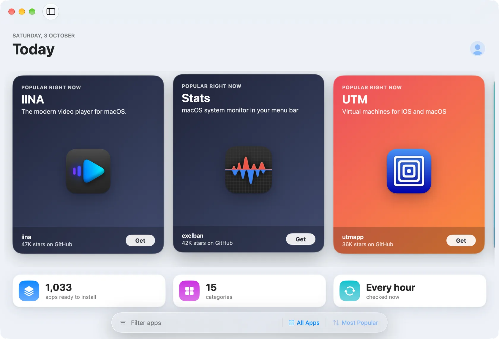 The OpenDMG app on a Mac: a Today screen with large cards for popular open source apps, a row of facts about the catalog, and a filter bar at the bottom